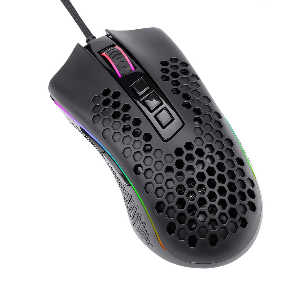 Redragon M988 Storm Elite Black RGB gaming mouse from the right side, showing the honeycomb shell & vibrant RGB side lighting
