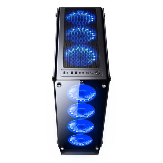 Computer case with blue LED lights on a white background