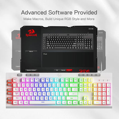 White Redragon K512 Shiva gaming keyboard alongside its customization software, highlighting macro creation and unique RGB lighting