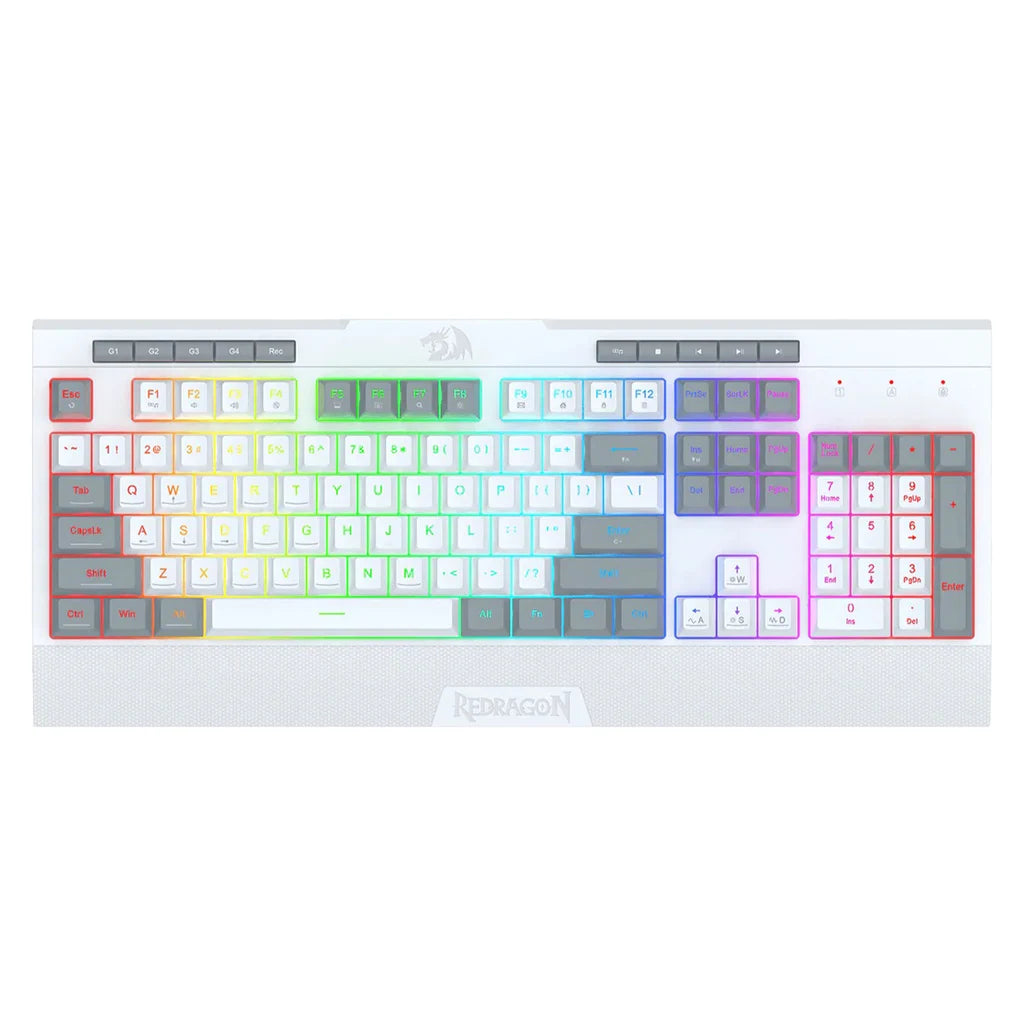 Redragon K525 white shiva lite wired keyboard with RGB lighting on a white background