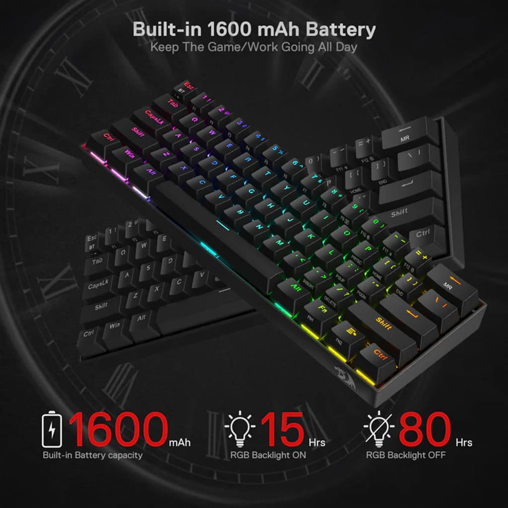 Redragon K530 Draconic Pro wireless mechanical keyboard keys in black, with text highlighting the 1600mAh built-in battery