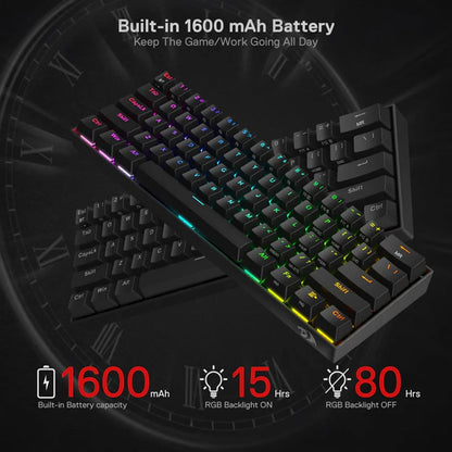 Redragon K530 Draconic Pro wireless mechanical keyboard keys in black, with text highlighting the 1600mAh built-in battery
