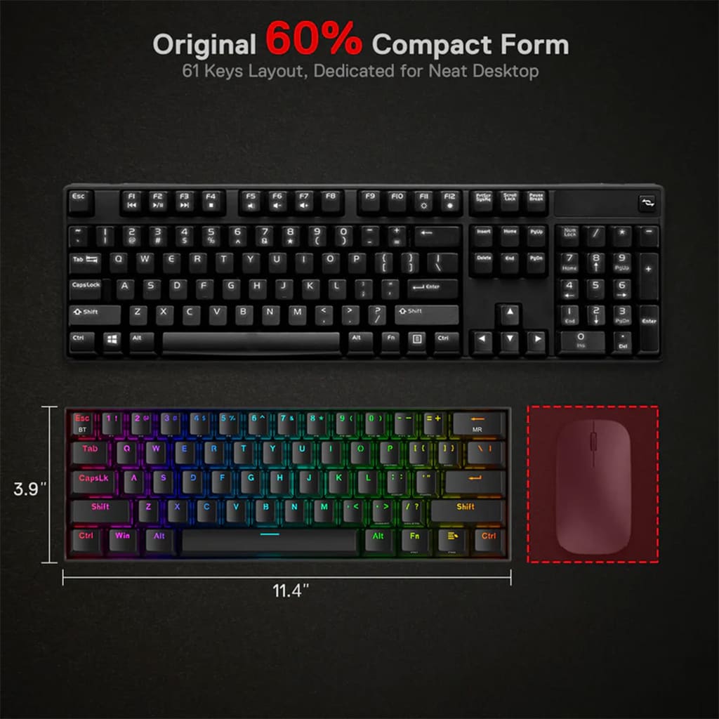 Redragon K530 Draconic Pro 60% mechanical keyboard in black, demonstrating its space-saving compact design for a desktop setup.
