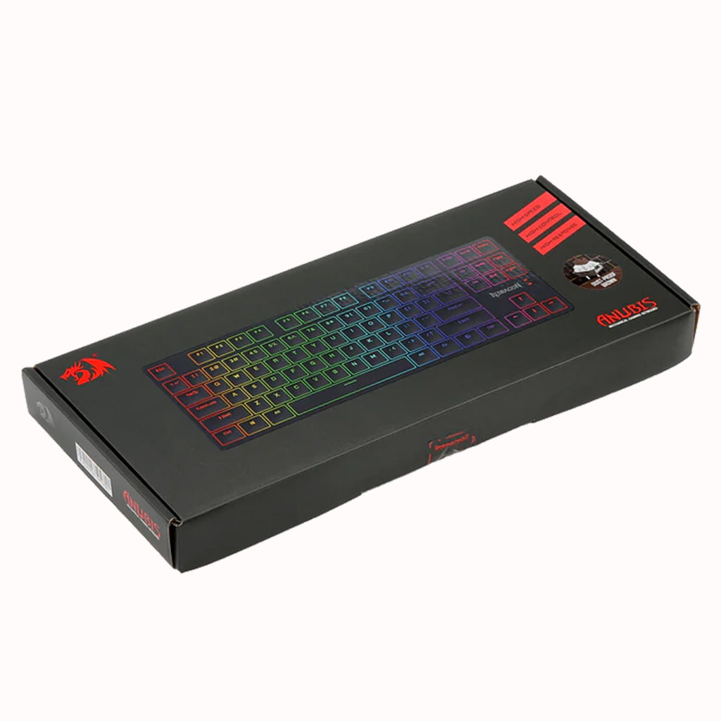 Packaging box for Redragon K539 Anubis Black RGB Mechanical Keyboard, showing keyboard image and 'Anubis' logo with brown switch