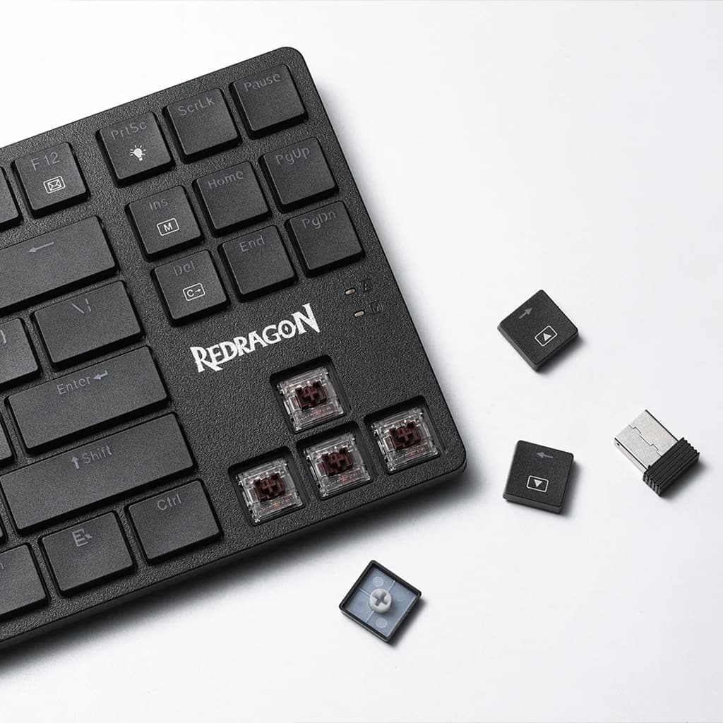 Redragon K539 Anubis Black RGB Keyboard with removed keycaps highlighting brown mechanical switches