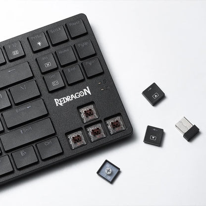 Redragon K539 Anubis Black RGB Keyboard with removed keycaps highlighting brown mechanical switches