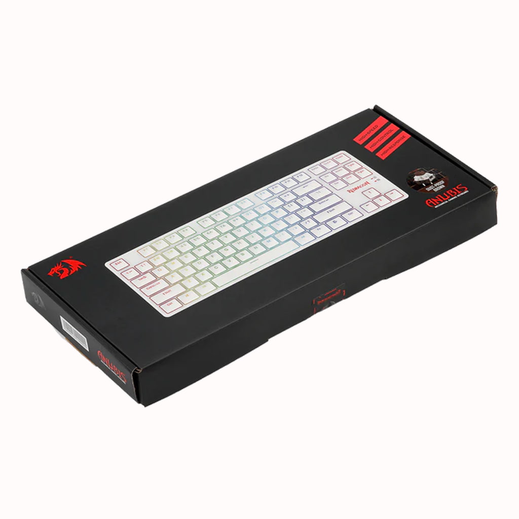 Packaging box for Redragon K539 Anubis White RGB Mechanical Keyboard, showing keyboard image and 'Anubis' logo with brown switch