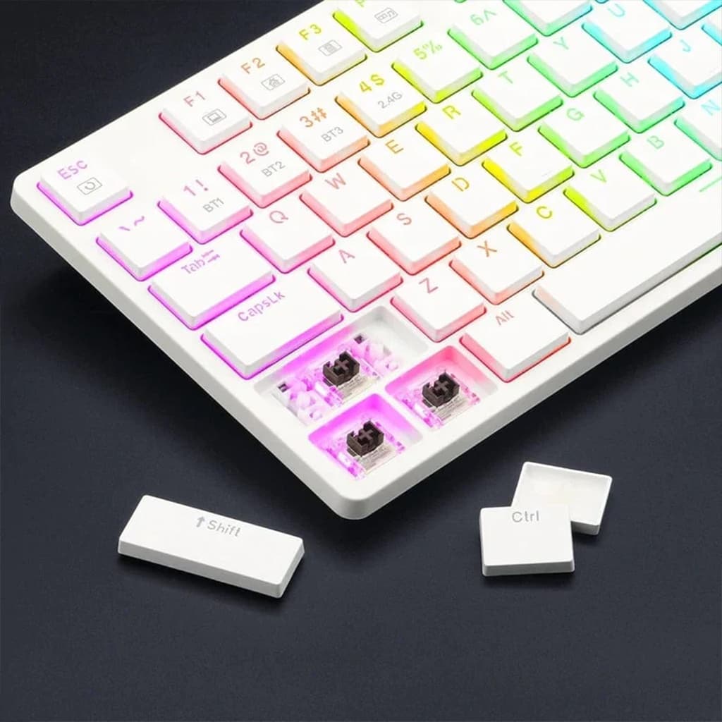 Redragon K539 Anubis White RGB Keyboard with removed keycaps highlighting brown mechanical switches
