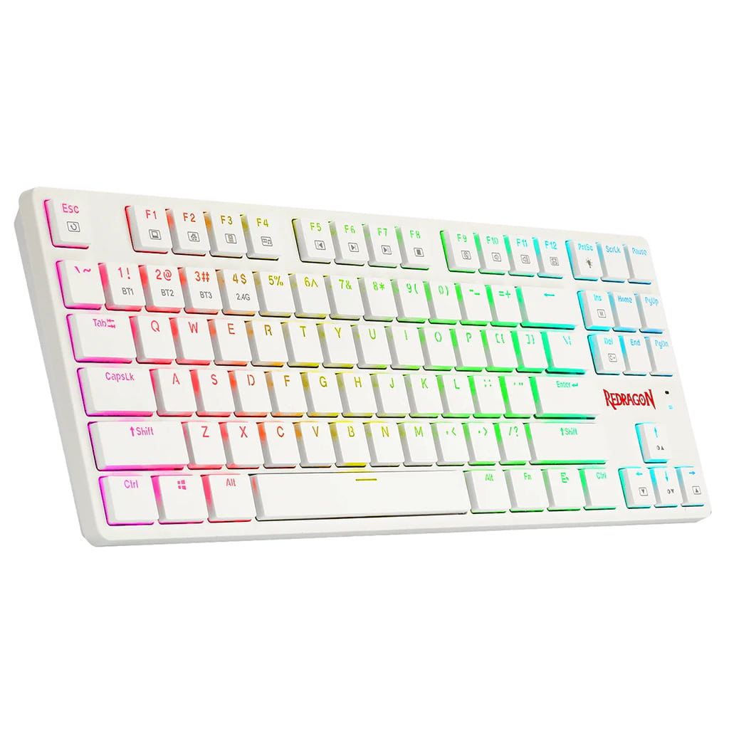 Left side angle of Redragon K539 White Mechanical Keyboard, showing its sleek  design & illuminated keys with a rainbow effect