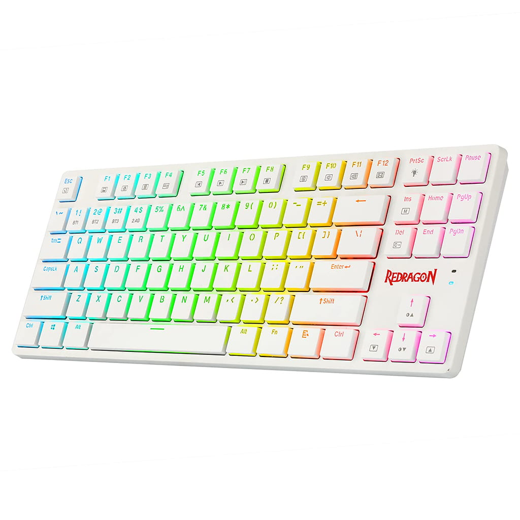 Right side angled view of Redragon K539 Anubis White RGB Mechanical Gaming Keyboard with colorful backlighting