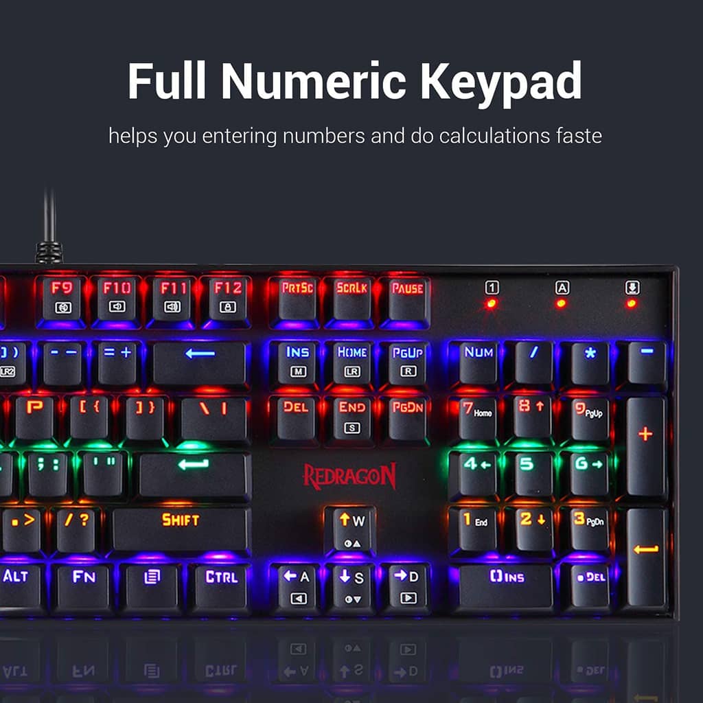 Right-hand section of the Redragon K551 MITRA RGB keyboard, focusing on the illuminated numeric keypad and navigation keys.