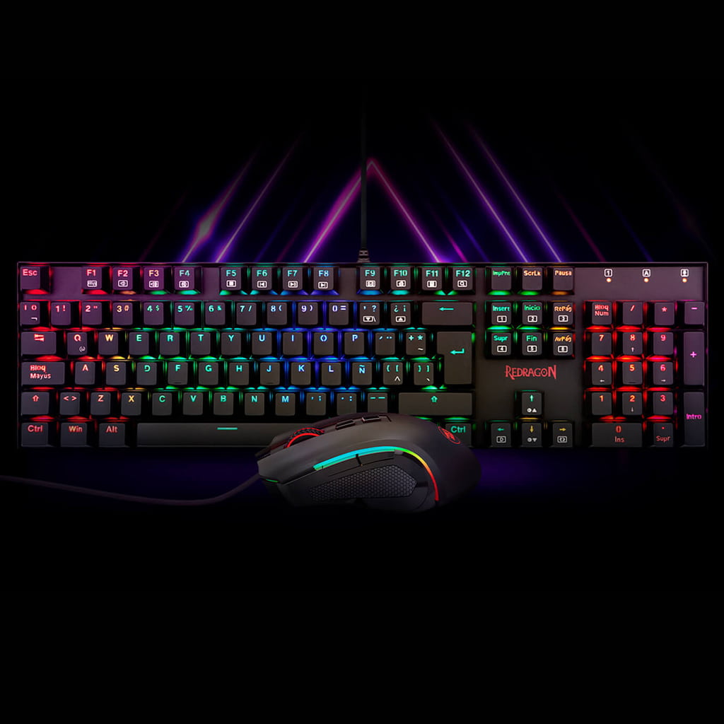 Redragon K551 RGB-BA mechanical gaming keyboard and M607 Black RGB gaming mouse combo set displayed together with RGB lighting