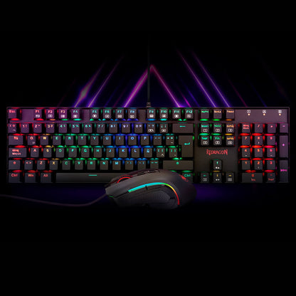 Redragon K551 RGB-BA mechanical gaming keyboard and M607 Black RGB gaming mouse combo set displayed together with RGB lighting