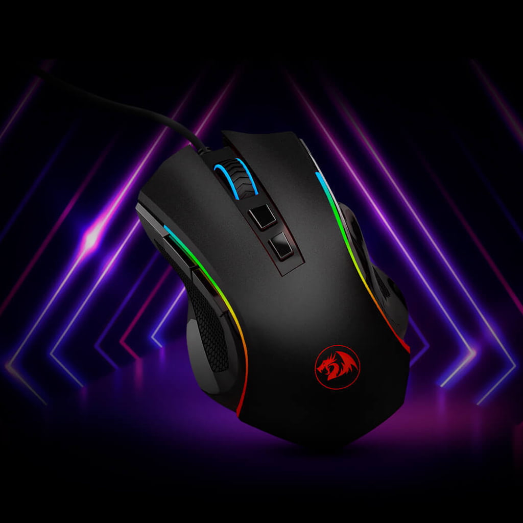 Front angled view of the black Redragon M607 RGB gaming mouse, included in the K551 RGB-BA keyboard and mouse combo set