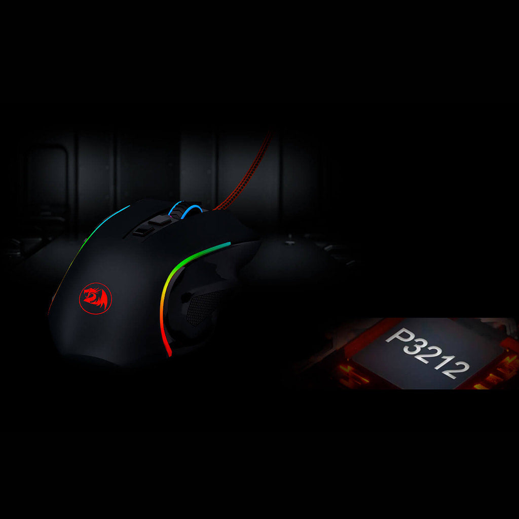 Image highlighting the P3212 sensor in the Redragon M607 Griffin Black RGB gaming mouse include in Combo set
