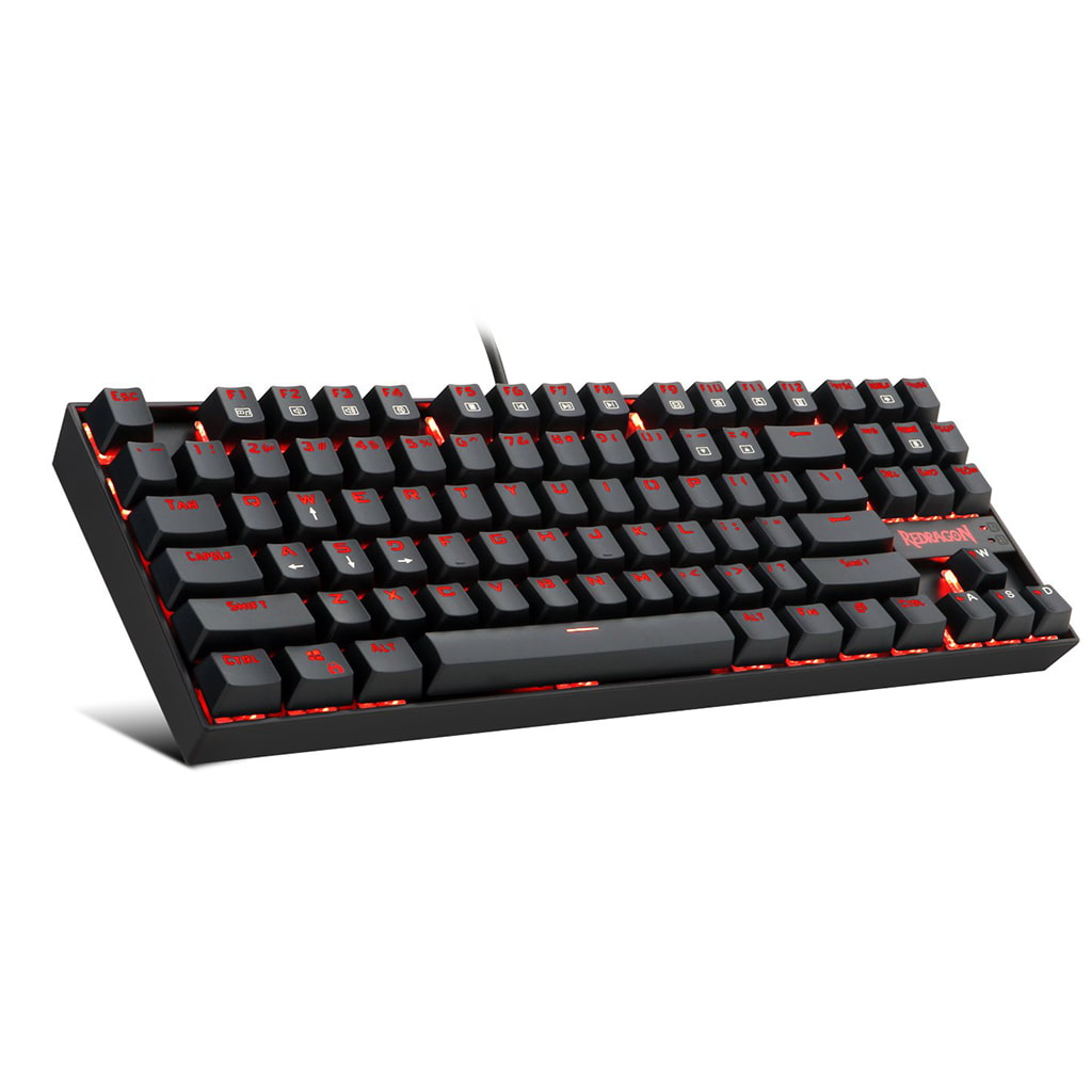 Redragon K552-BA-2 Combo mechanical gaming keyboard, shown from the left side with red backlighting.