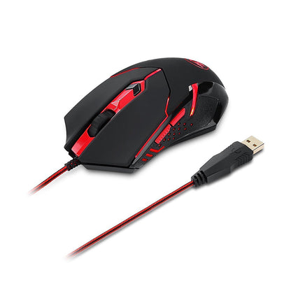 Front view of the Redragon K552-BA-2 Combo gaming mouse in black and red with braided cable.