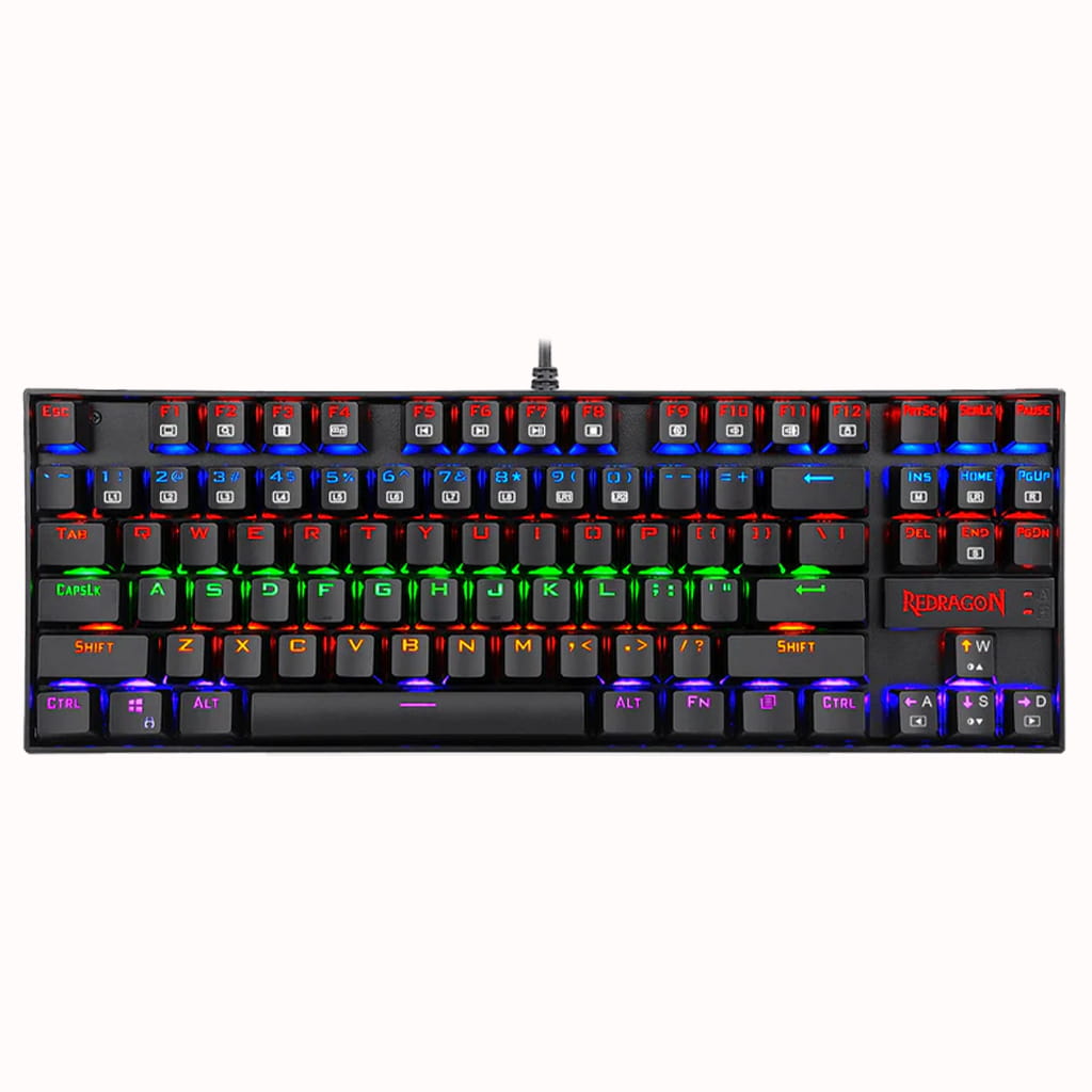 Front view of the black Redragon K552 Kumara RGB mechanical gaming keyboard with colorful illuminated keys.
