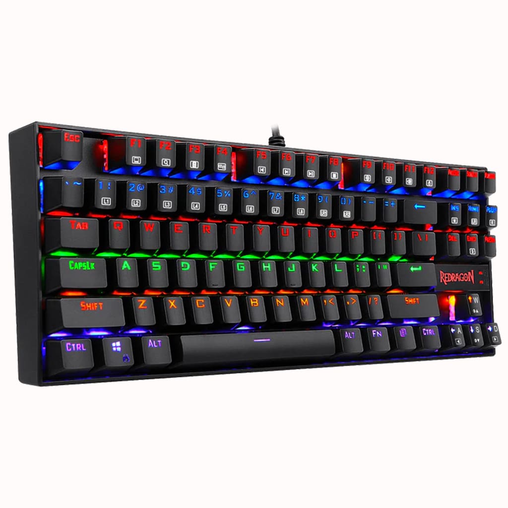 Sleek Black Redragon K552 Kumara Mechanical RGB gaming keyboard showing colorful LED lighting from the left