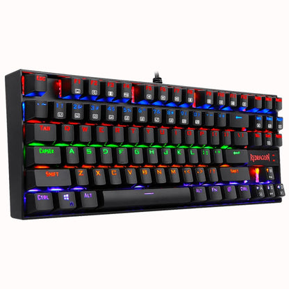 Sleek Black Redragon K552 Kumara Mechanical RGB gaming keyboard showing colorful LED lighting from the left