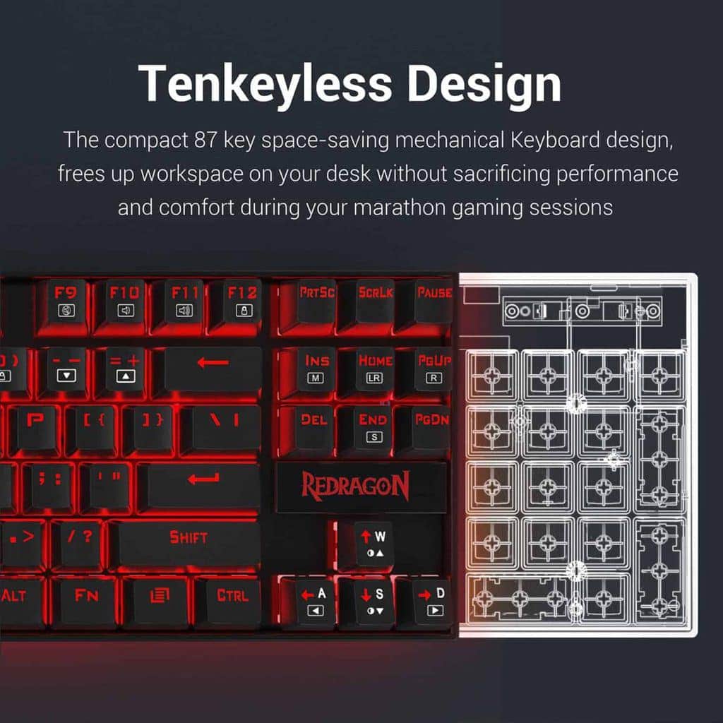 Black Redragon K552 Kumara RGB keyboard's right section, emphasizing its Tenkeyless Design for space-saving on your desk, with red backlighting