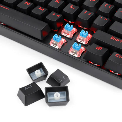 Redragon K552 Red Light Kumara RGB gaming keyboard close-up showing Outemu Blue switches