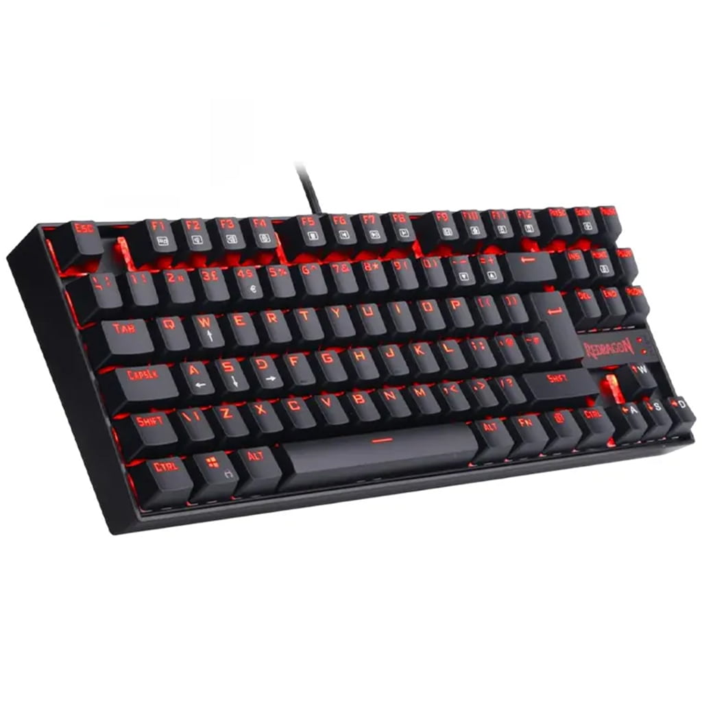 Sleek Black Redragon K552 Kumara Mechanical RGB gaming keyboard showing Red LED lighting from the left
