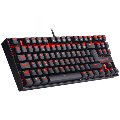 Sleek Black Redragon K552 Kumara Mechanical RGB gaming keyboard showing Red LED lighting from the left
