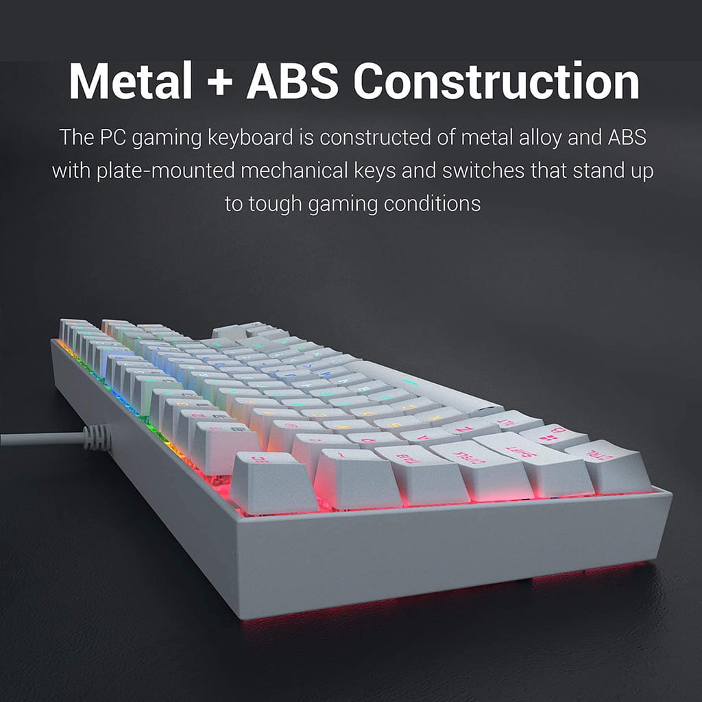 Back view of white Redragon K552W RGB gaming keyboard highlighting its metal and ABS construction against a dark background