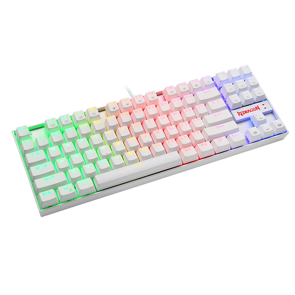 White Redragon K552W RGB compact mechanical keyboard with RGB backlighting, featuring a gradient from green to pink and blue