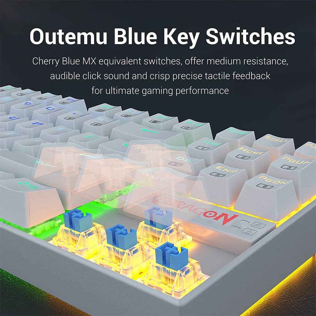 White Redragon K552W Kumara RGB gaming keyboard close-up showing Outemu Blue switches
