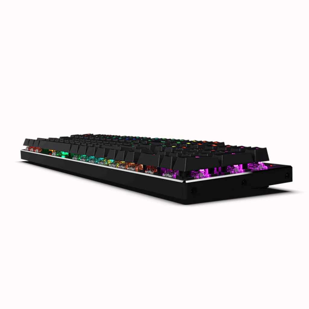  Redragon K556 Devarajas RGB Mechanical Gaming Keyboard, highlighting its profile, aluminum frame, and vibrant RGB backlighting