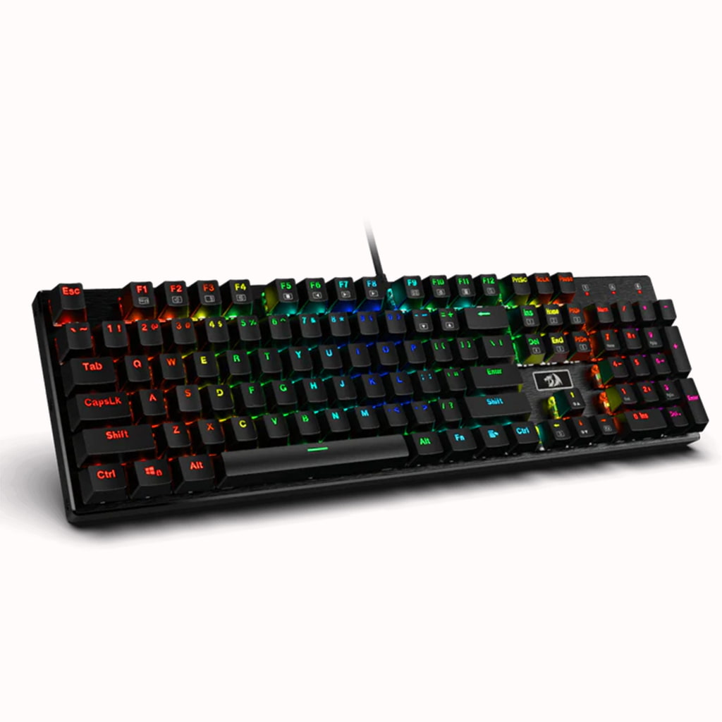 Left side view of Redragon K556 Devarajas RGB Mechanical Gaming Keyboard, highlighting its profile & vibrant RGB backlighting