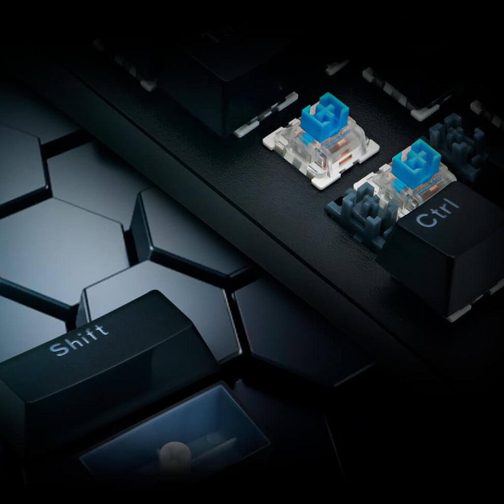 Close-up of Redragon K568 Dark Avenger RGB keyboard blue switches and keys