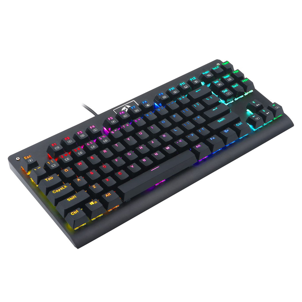 Top view of Redragon K568 Dark Avenger Mechanical keyboard featuring customizable RGB backlighting & a compact tenkeyless design