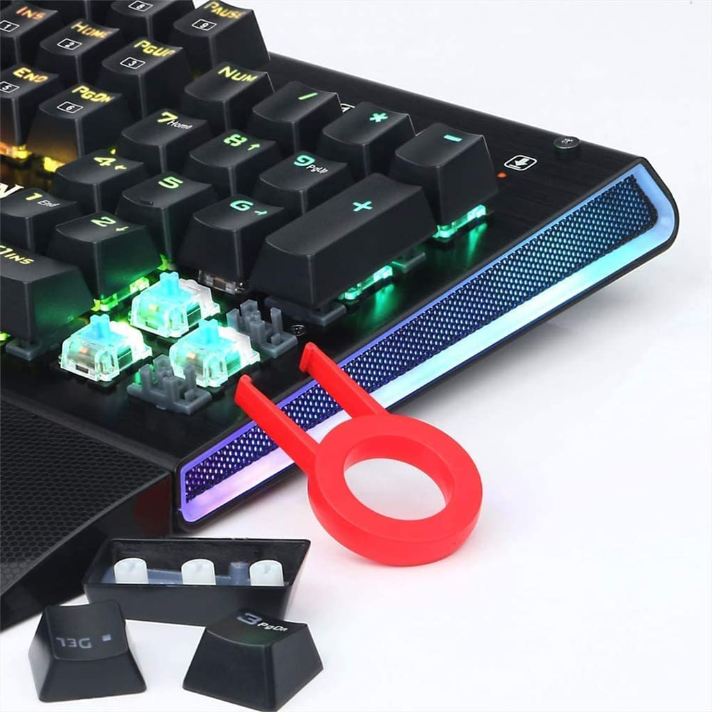 Close-up view of Redragon K569 Aryaman RGB Gaming Keyboard showcasing mechanical blue switches and RGB lighting