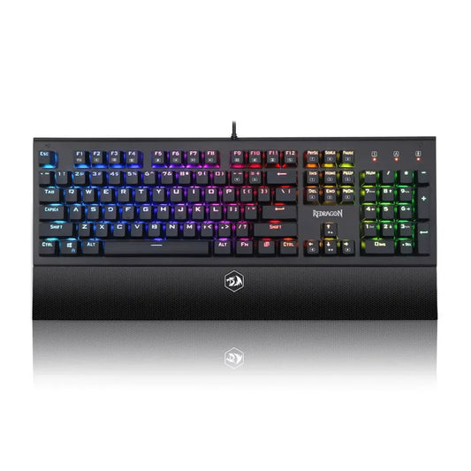 Redragon K569 Aryaman RGB Gaming Keyboard with wrist rest, featuring customizable multicolor LED lighting and full numeric keypad