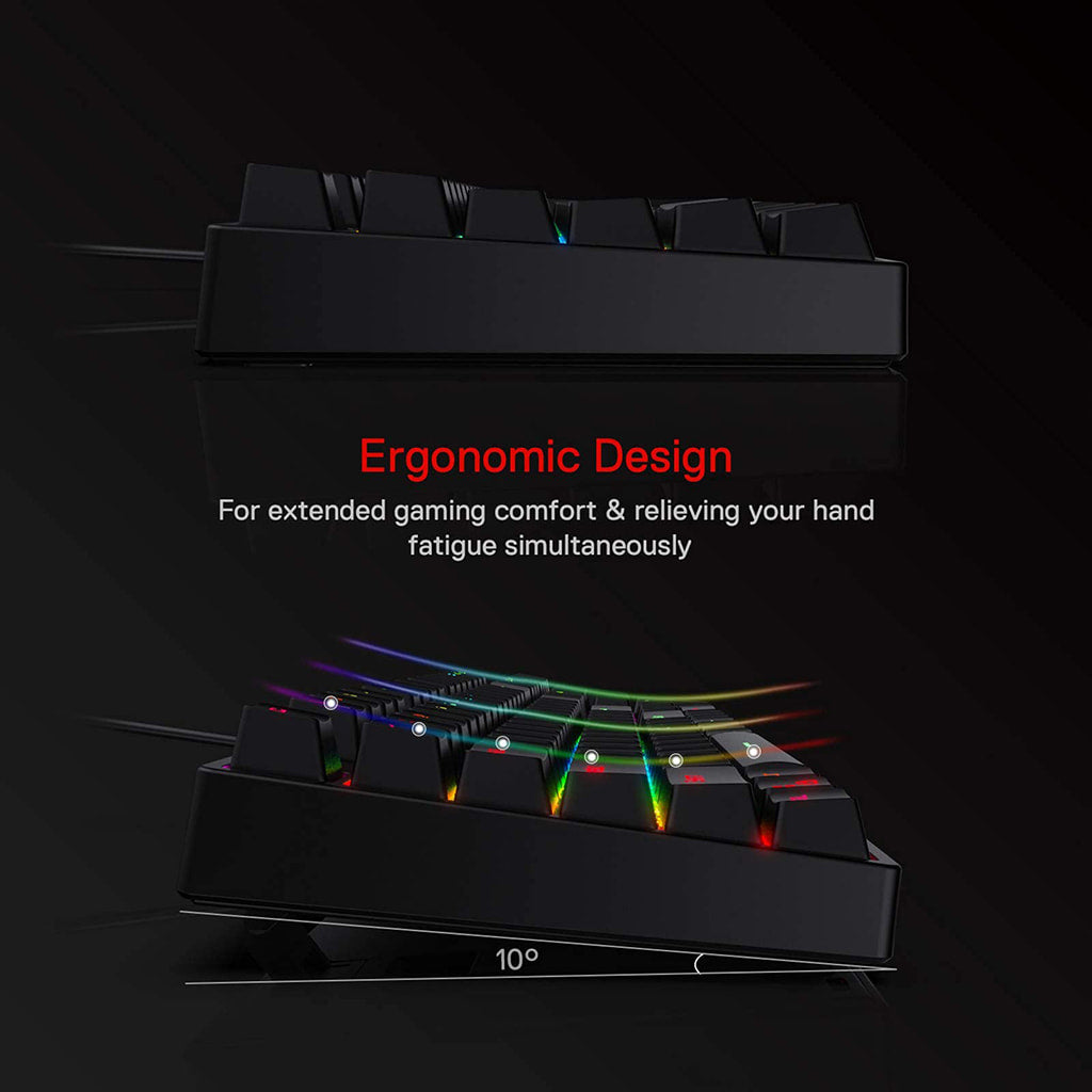 The image aims to convey that Redragon K582 Surara keyboard is designed for comfort during long use, specifically mentioning a 10-degree ergonomic angle