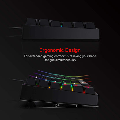 The image aims to convey that Redragon K582 Surara keyboard is designed for comfort during long use, specifically mentioning a 10-degree ergonomic angle