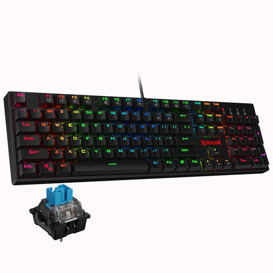 Redragon K582 Surara RGB keyboard featuring full RGB backlighting with an example of its durable blue switch at the bottom