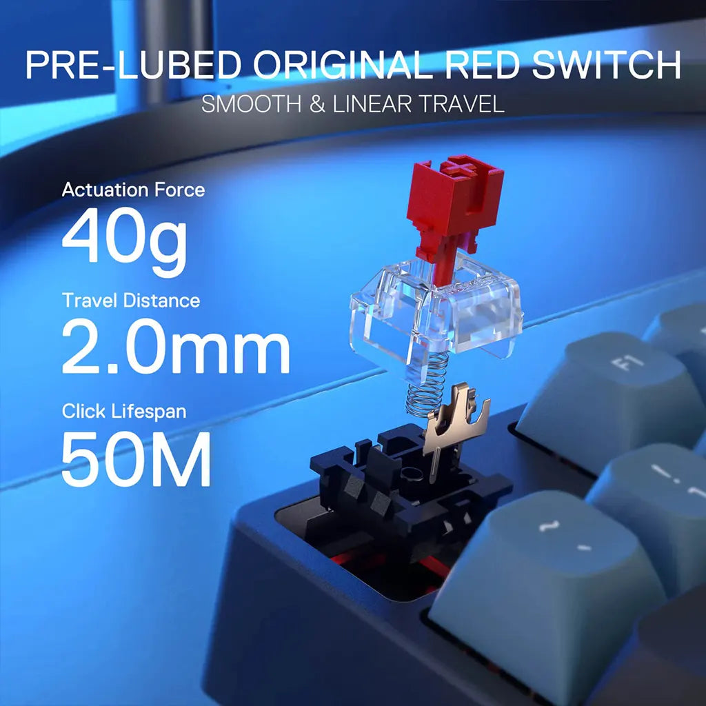 Close-up of a mechanical keyboard switch with specifications displayed on a blue background