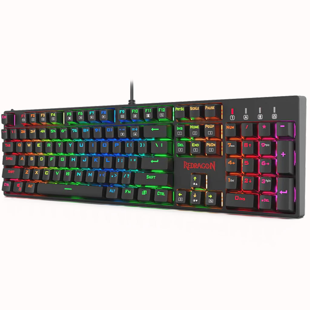 Angled view of the Redragon K582 Surara RGB Mechanical Gaming Keyboard, showcasing its full layout & vibrant LED backlighting