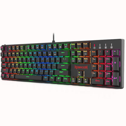 Angled view of the Redragon K582 Surara RGB Mechanical Gaming Keyboard, showcasing its full layout & vibrant LED backlighting