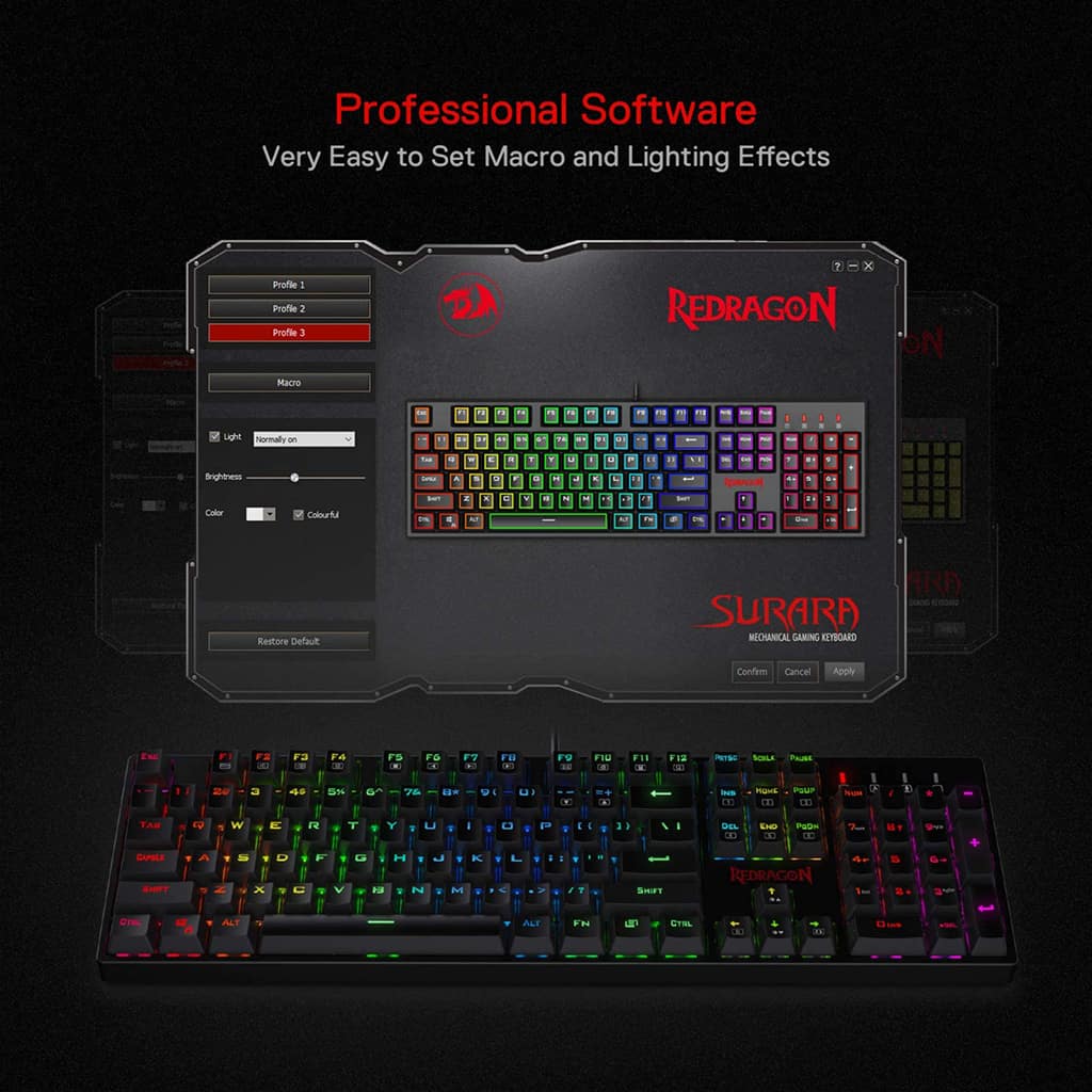 Software interface for Redragon Surara keyboard, showcasing macro settings and customizable colorful lighting effects