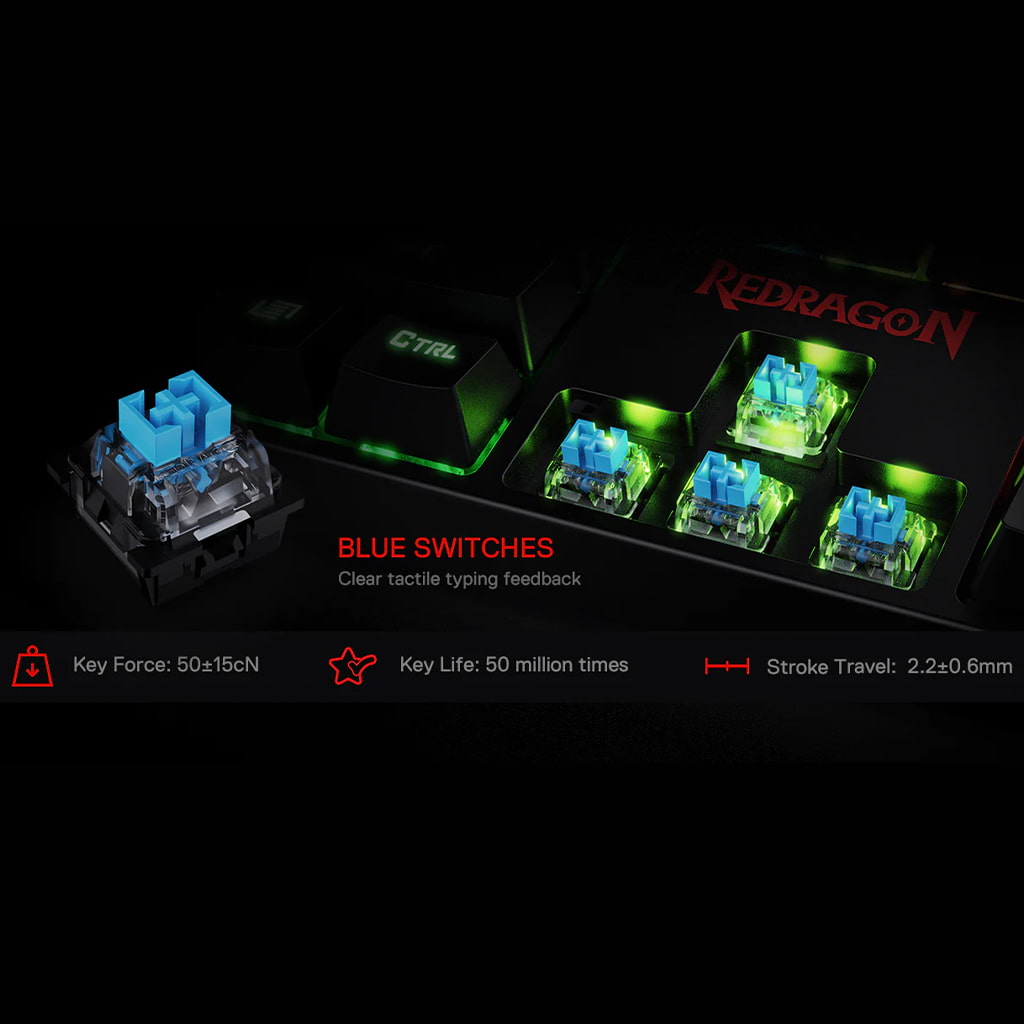 Redragon K582 Surara's blue switches with specifications key force (50±15cN), key life (50 million times) & stroke travel (2.2±0.6mm)