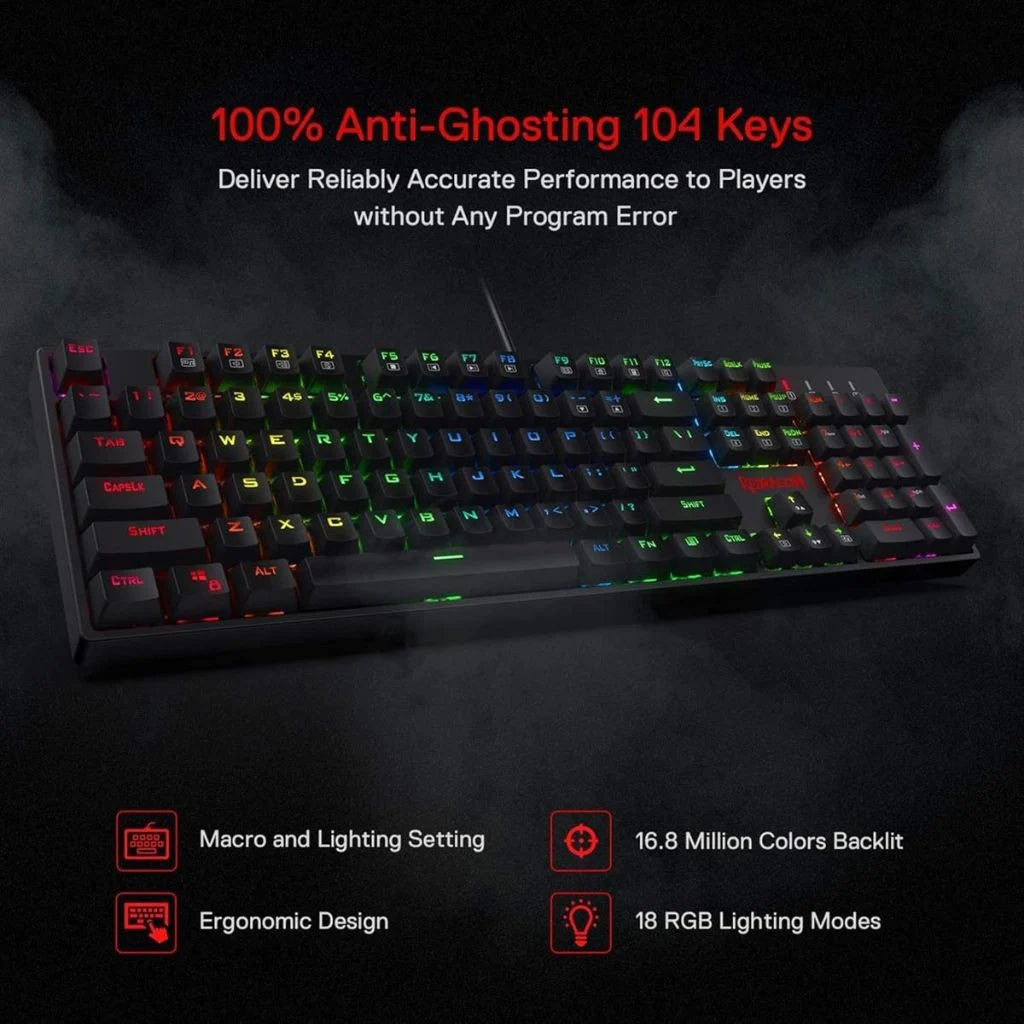 Redragon K582 SURARA RGB 104 Keys Wired RED LED Backlit Mechanical Gaming Keyboard (Black)