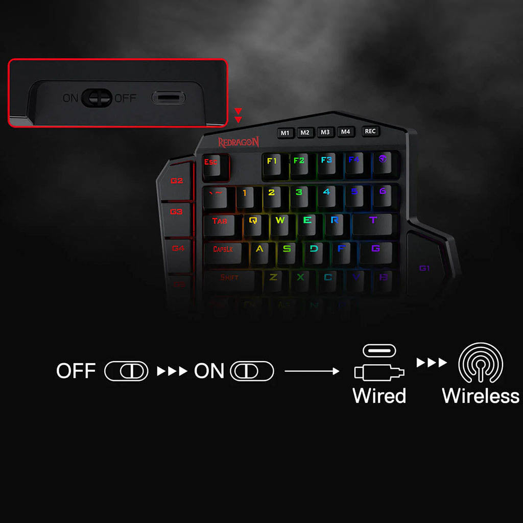 Gaming keyboard with RGB backlighting on a dark background, showing power switch and connection options.