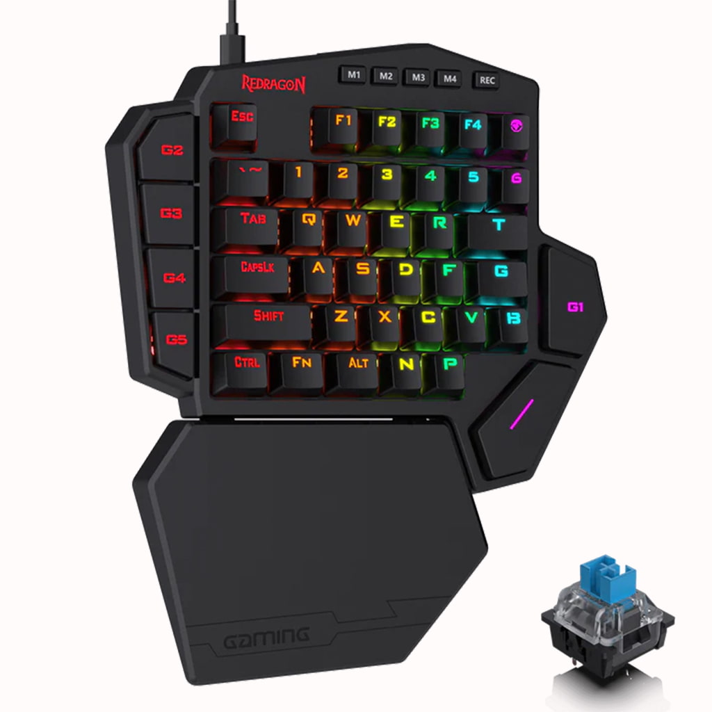 Redragon K585 DITI RGB One-Handed Mechanical Gaming Keyboard with illuminated keys and a blue mechanical switch shown separately