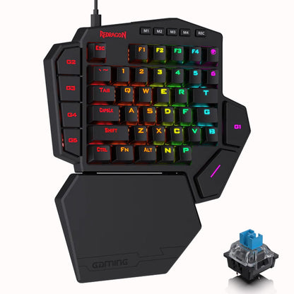 Redragon K585 DITI RGB One-Handed Mechanical Gaming Keyboard with illuminated keys and a blue mechanical switch shown separately
