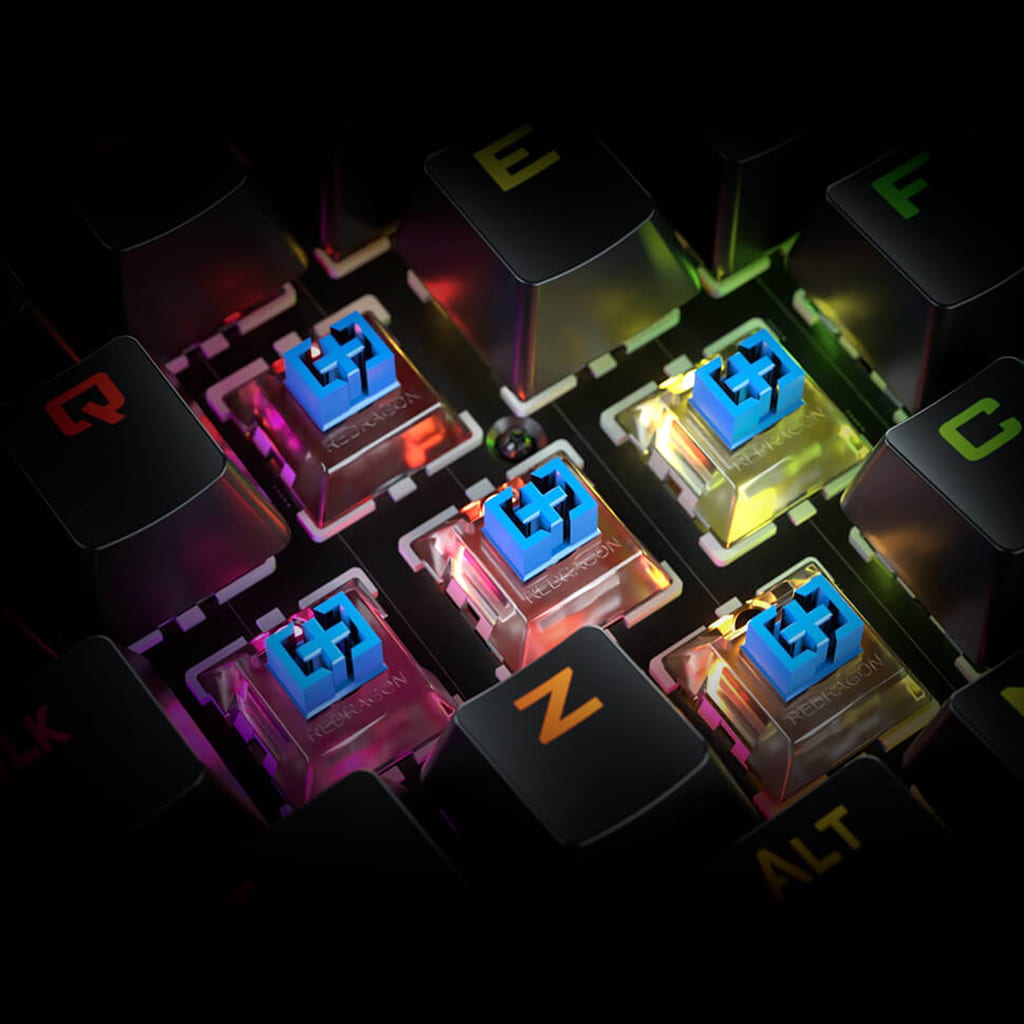 Close-up of Redragon K585 DITI RGB one-handed keyboard showcasing blue mechanical switches and customizable RGB lighting.